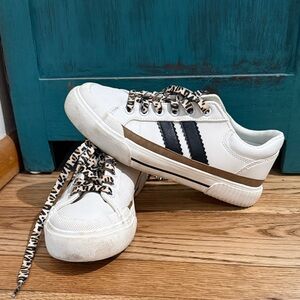 Hey Girl by Corkys White Sneakers with Black Stripes, Leopard Laces